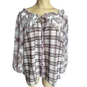 Ann Taylor Loft Blouse Off Shoulder Women's Small Paisley Plaid Chiffon Top EUC‎
